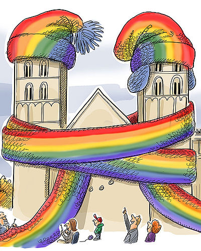 Eine Karikatur: der St.-Paulus-Dom in Münster eingehüllt mit Mütze und Schal, als Schutz vor der Kälte. 